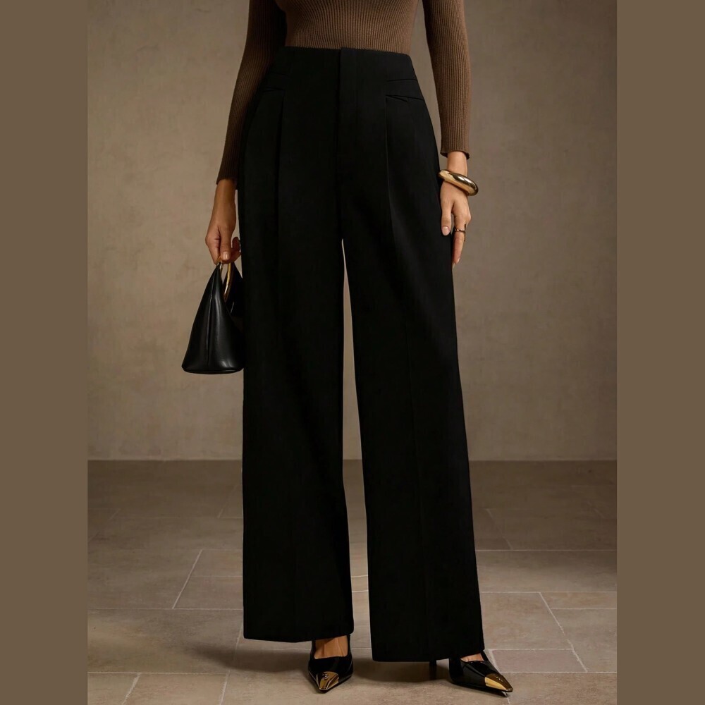 Black Pleated High Waist Wide Leg Trousers